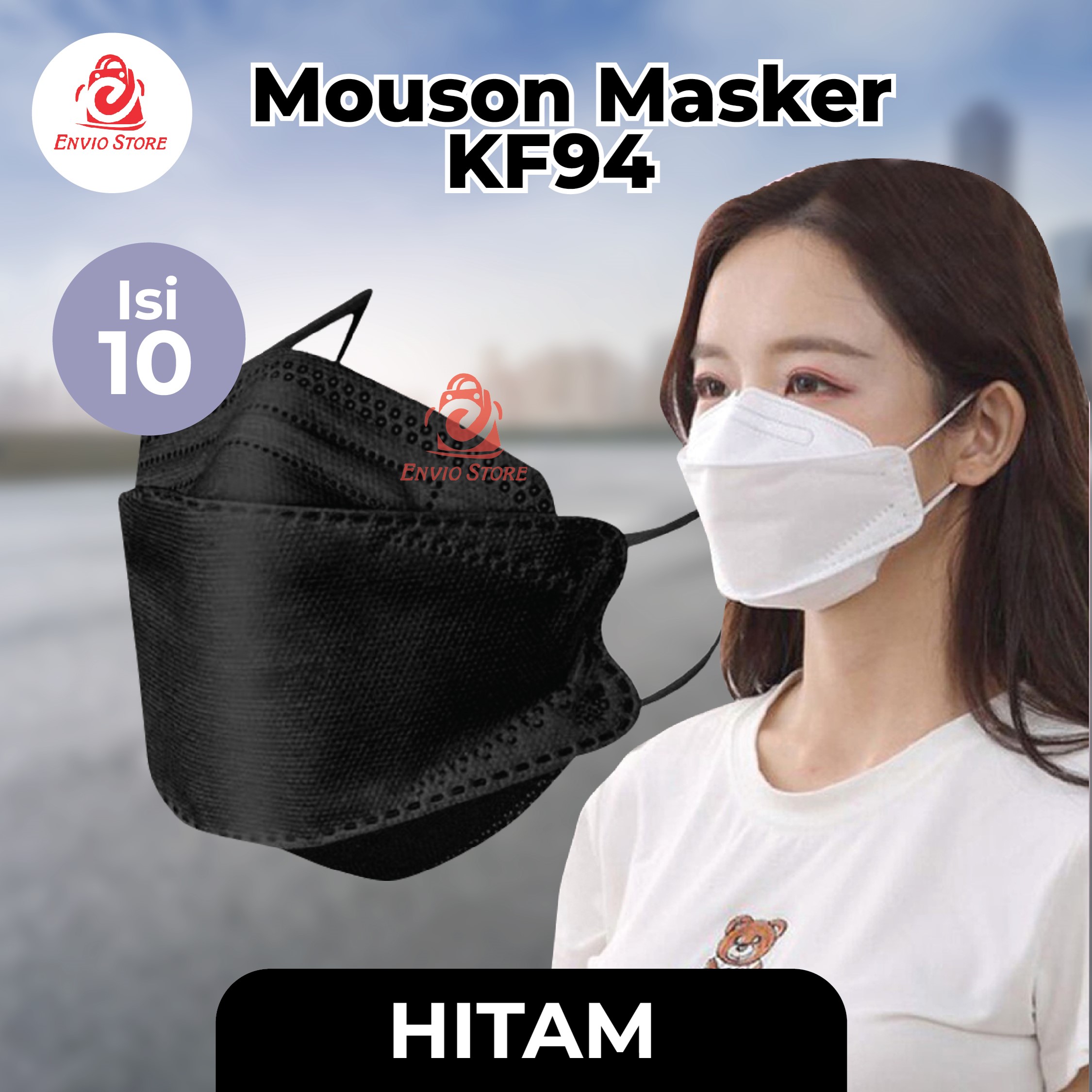 (Isi 10) Mouson Masker KF94 HITAM Earloop 4Ply - Disposable Mask