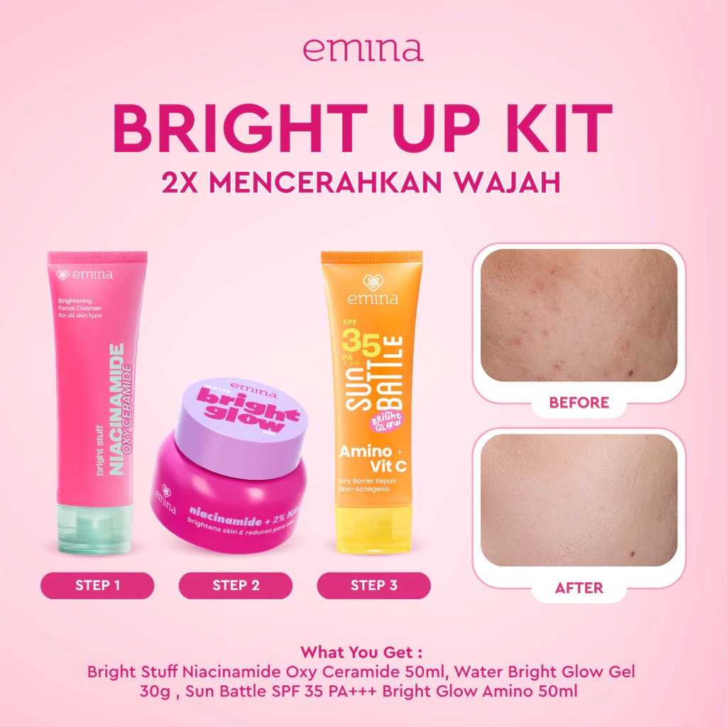 Emina Bundle 3in1 BRIGHT UP KIT - (Bright Stuff Niacinamide FW 50ml + Sun Battle SPF35 30ml + Water Bright Glow Gel 30gr)