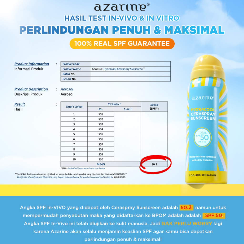 Azarine Hydracool Ceraspray Sunscreen SPF50 PA+++ 50ml - Sunscreen Spray with Cooling Scentsation *