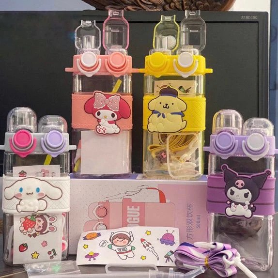 Botol Minum Karakter Tutup 2in1 580ml - PINK (Free Tali)