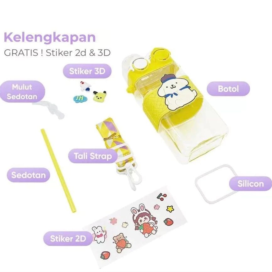 Botol Minum Karakter Tutup 2in1 580ml - PINK (Free Tali)