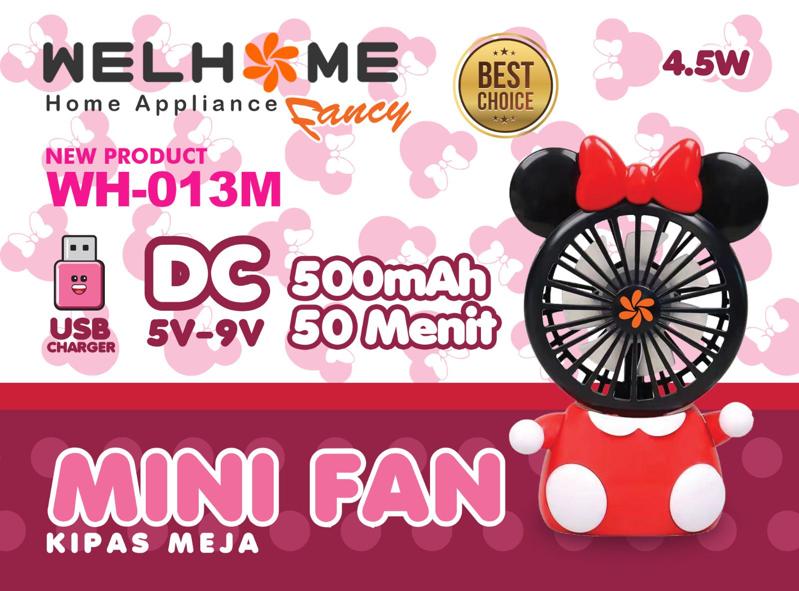 Welhome Mini Fan WH-013M Minnie Mouse - Kipas Angin Meja Motif Lucu