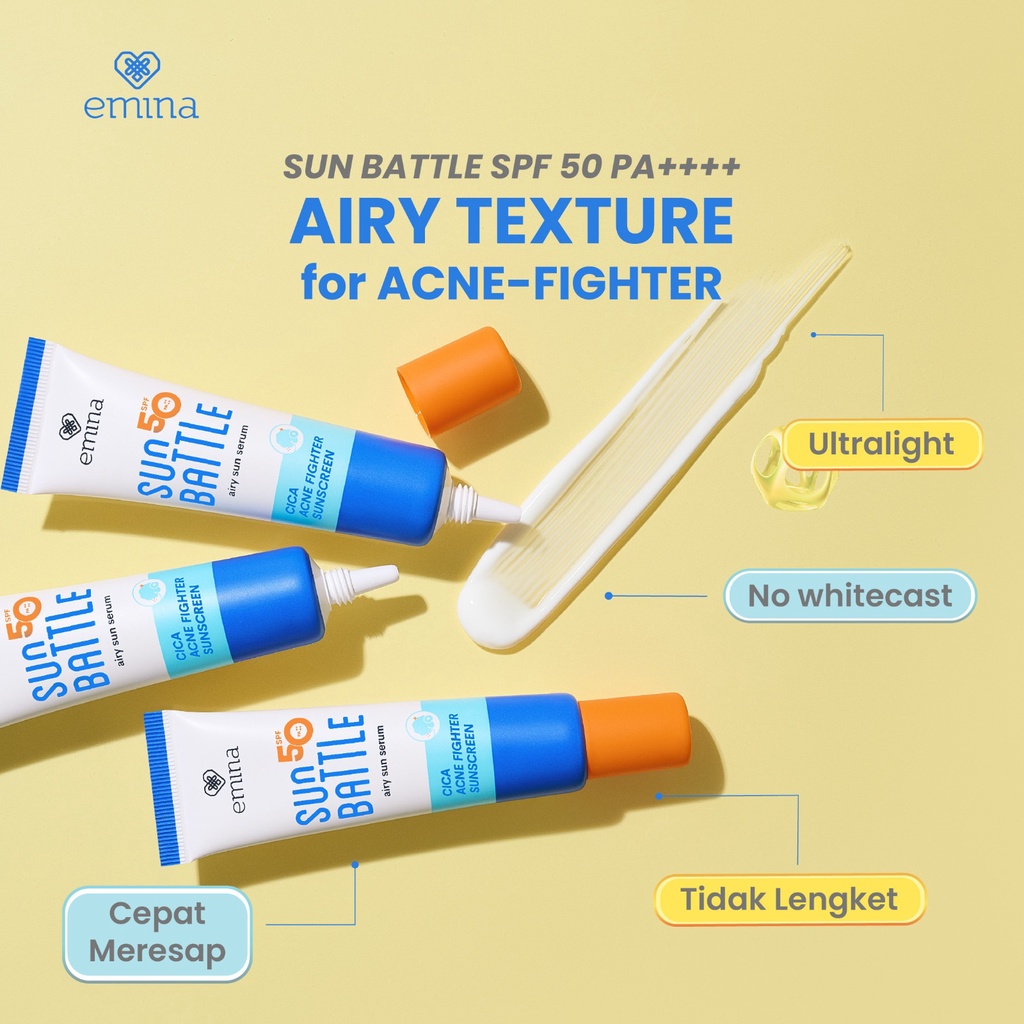 Emina Sun Battle Airy Sun Serum (FUN SIZE) SPF50 PA++++ - Cica Acne Fighter Sunscreen 20ml