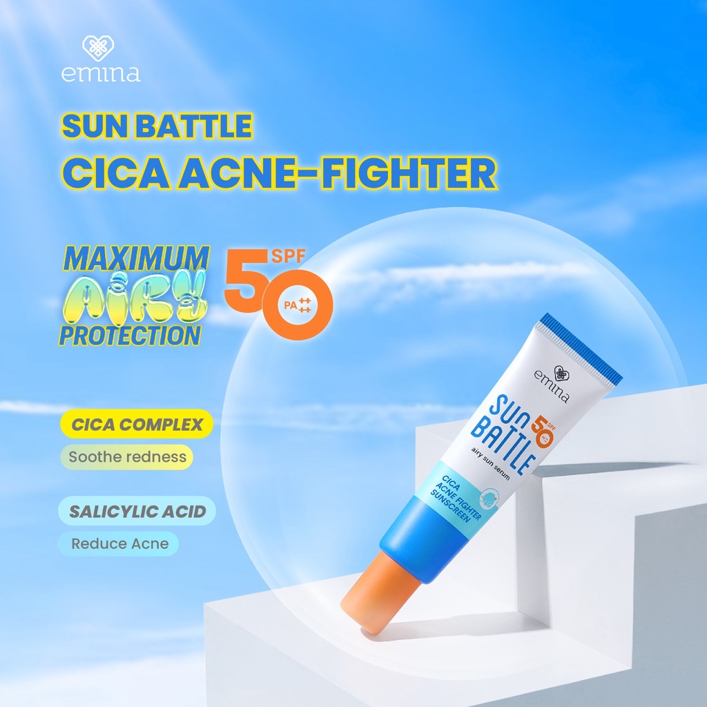 Emina Sun Battle Airy Sun Serum (FUN SIZE) SPF50 PA++++ - Cica Acne Fighter Sunscreen 20ml