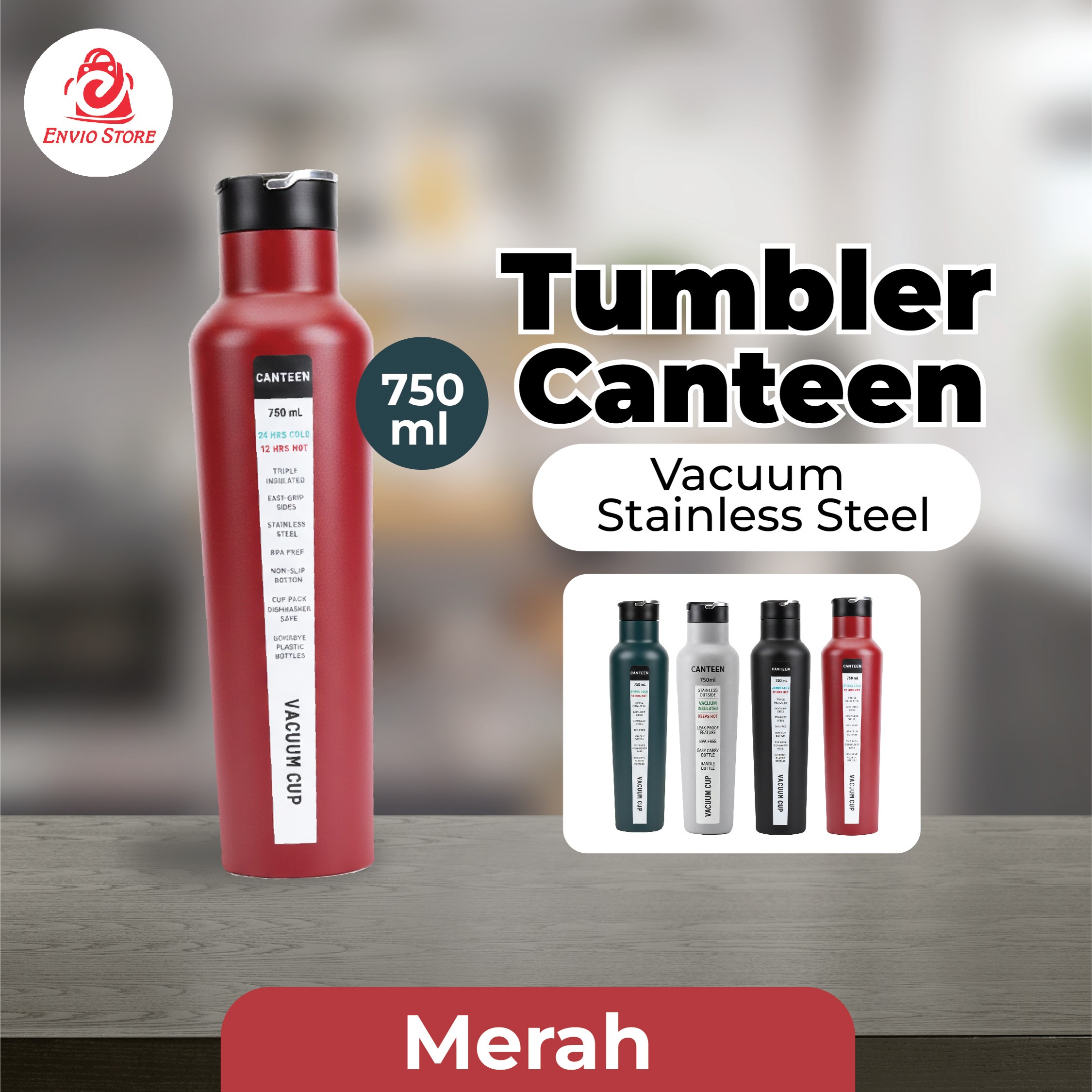 Tumbler Canteen Vacuum Stainless Steel 750ml – MERAH (Botol Minum Tahan Panas & Dingin)