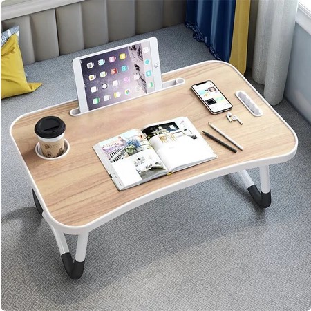 Meja Laptop Lipat Portable POLOS 60x40cm - COKLAT KAYU (Tab + Gelas)