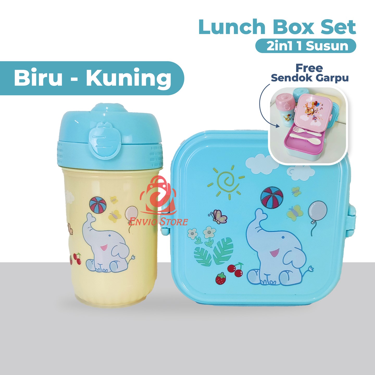 Lunch Box Set 2in1 1 Susun Motif Warna Pastel - PINK-BIRU (Wadah Bekal + Botol Minum) (TJ92)