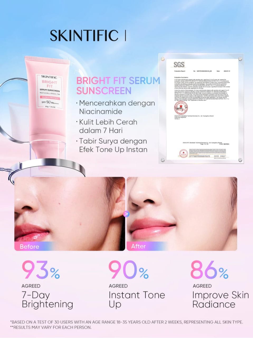 Skintific Bright Fit Glow & Protect Serum Sunscreen SPF50+ PA++++ 30gr