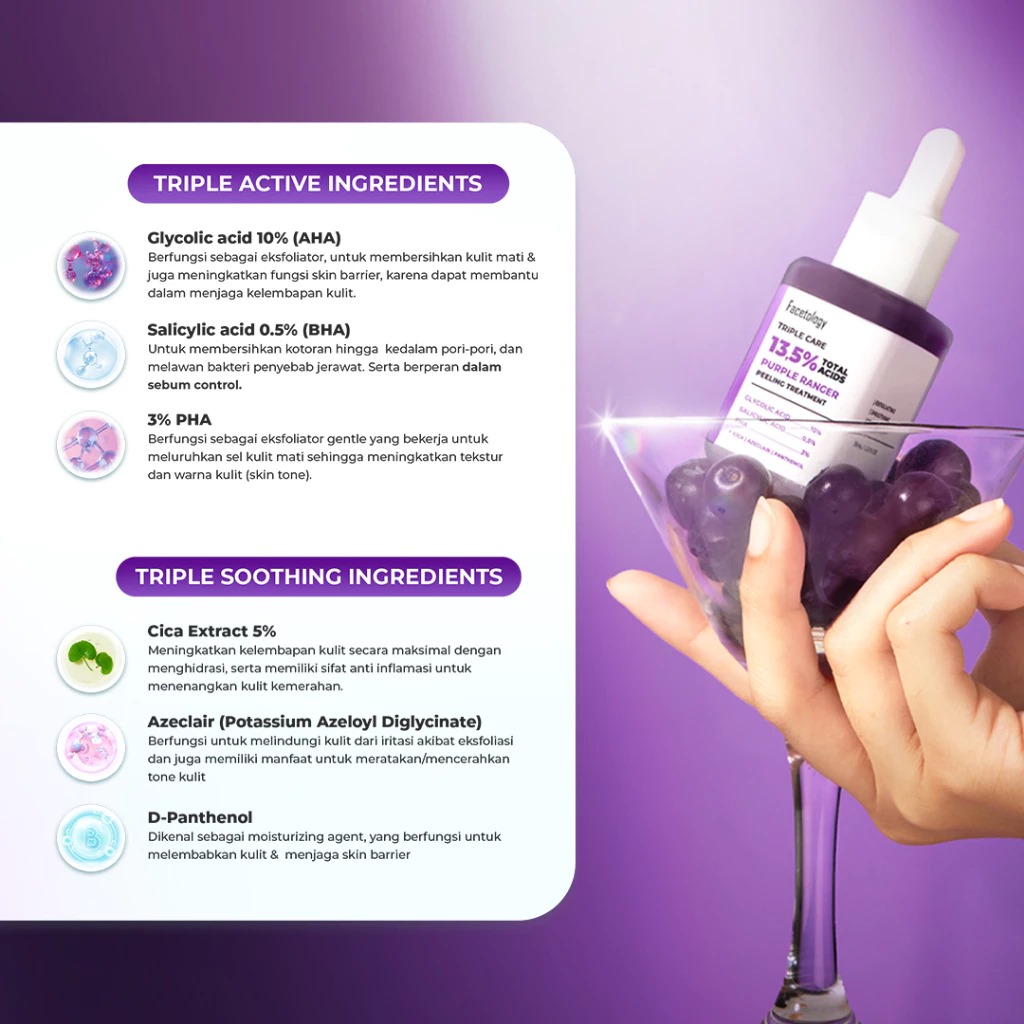 Facetology (Beli 1 Gratis 1) Triple Care 13.5% Total Acids Purple Ranger Peeling Treatment Serum