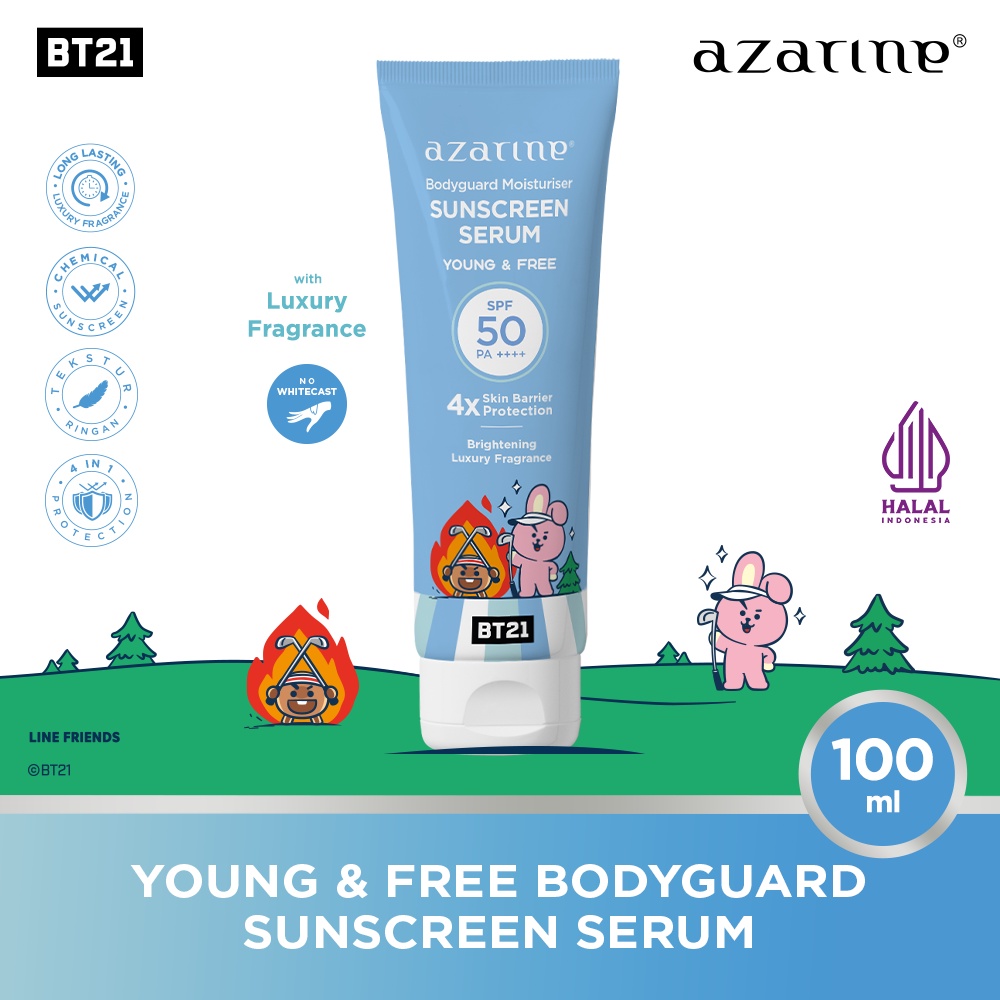 Azarine x BT21 Body Guard Moisturizer Sunscreen Serum SPF50 PA++++ 100ml - Young & Free (Biru) *