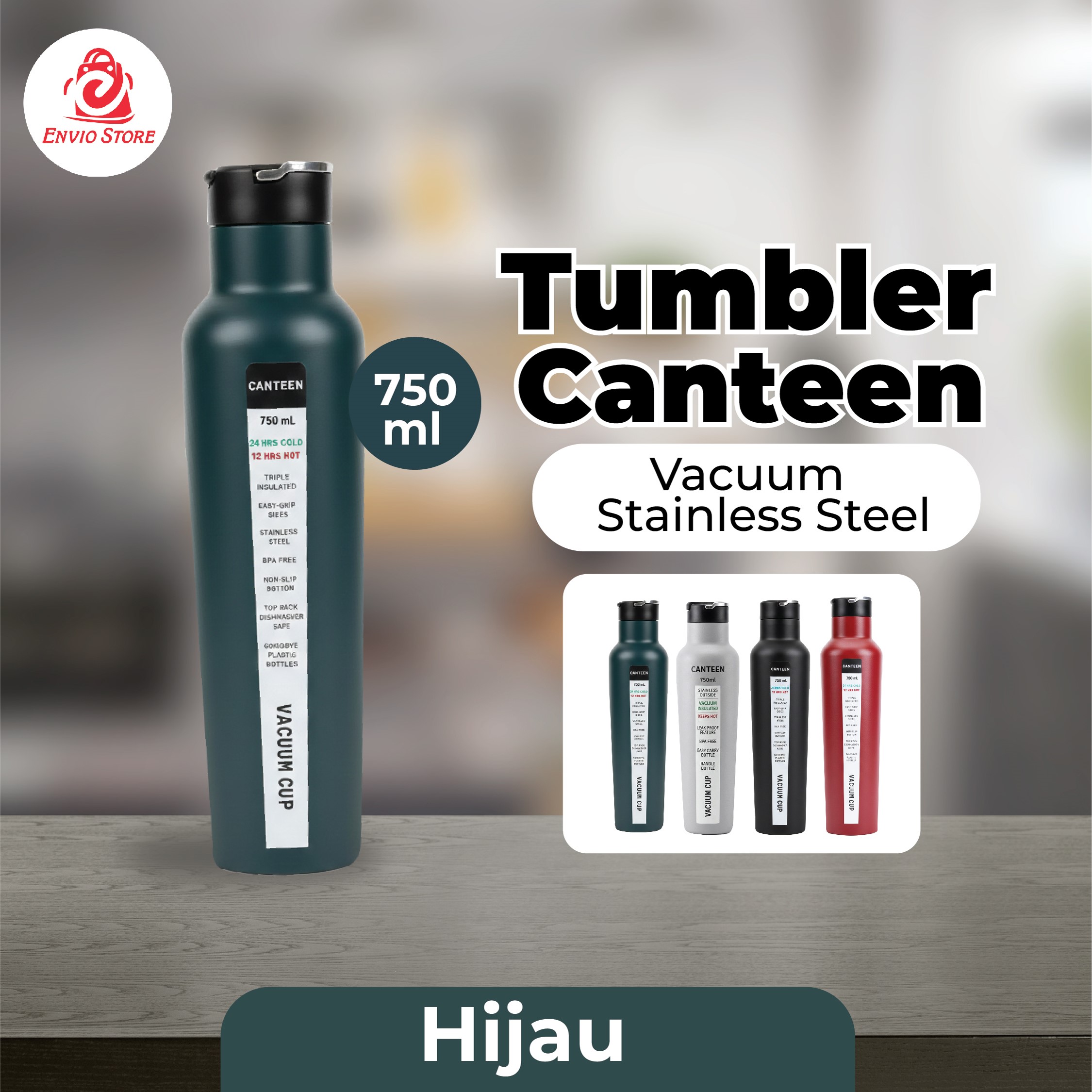 Tumbler Canteen Vacuum Stainless Steel 750ml – HIJAU (Botol Minum Tahan Panas & Dingin)