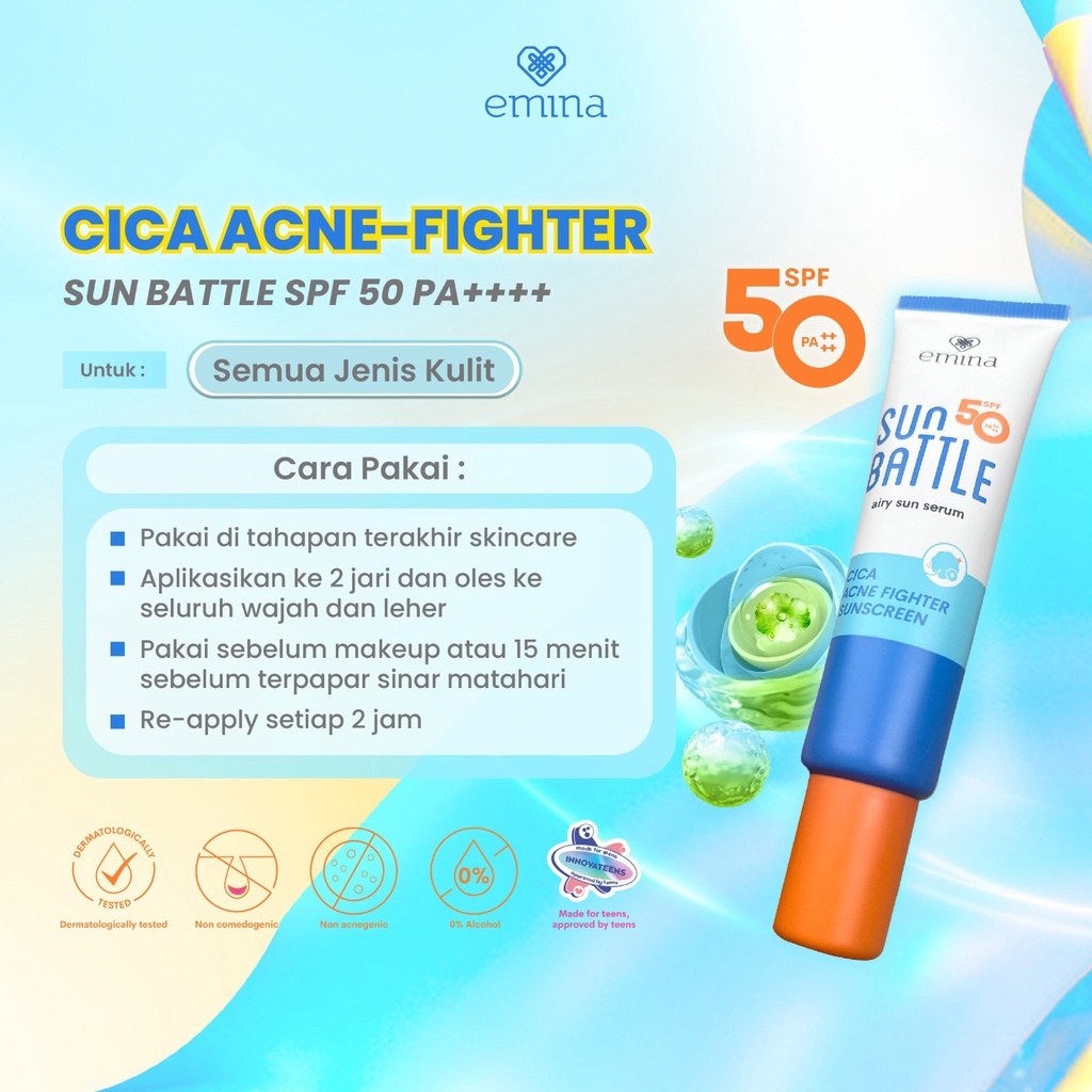 Emina Sun Battle Airy Sun Serum SPF50 PA++++ - Cica Acne Fighter Sunscreen 30ml