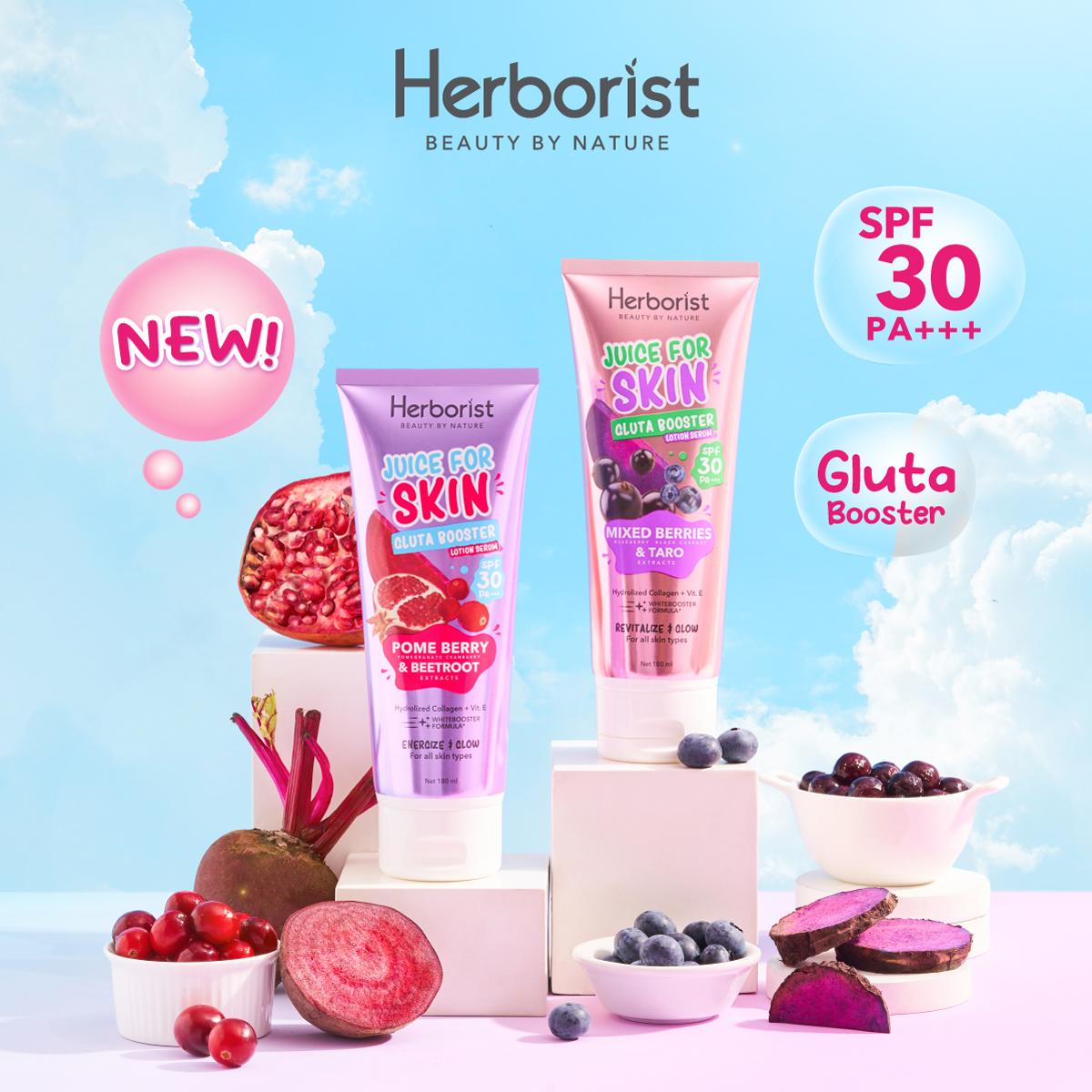 Herborist Juice For Skin Gluta Booster Lotion Serum 180ml - Pome Berry & Beetroot