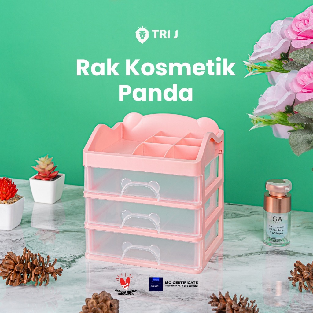 TRI J - Laci 3 Susun PANDA - PINK (Rak Kosmetik Makeup Organizer)