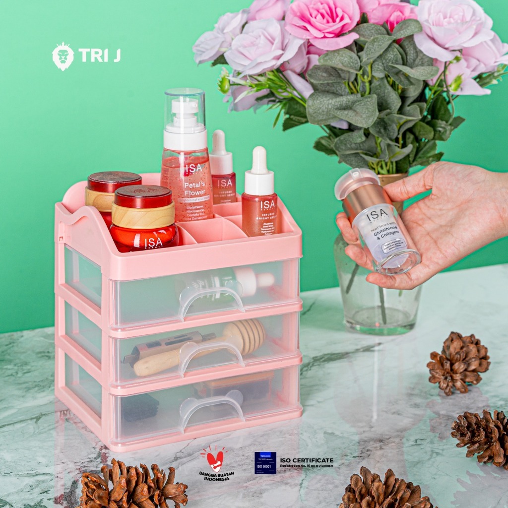 TRI J - Laci 3 Susun PANDA - PINK (Rak Kosmetik Makeup Organizer)
