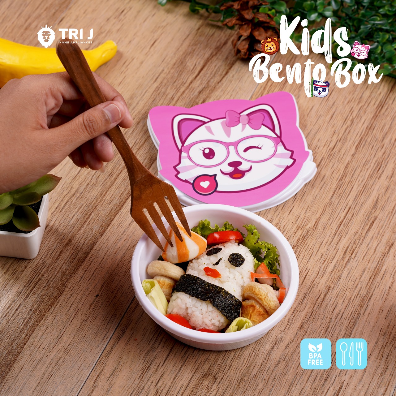 TRI J - Kids Bento Box - PINK CAT (Kotak Bekal Anak Motif Lucu)
