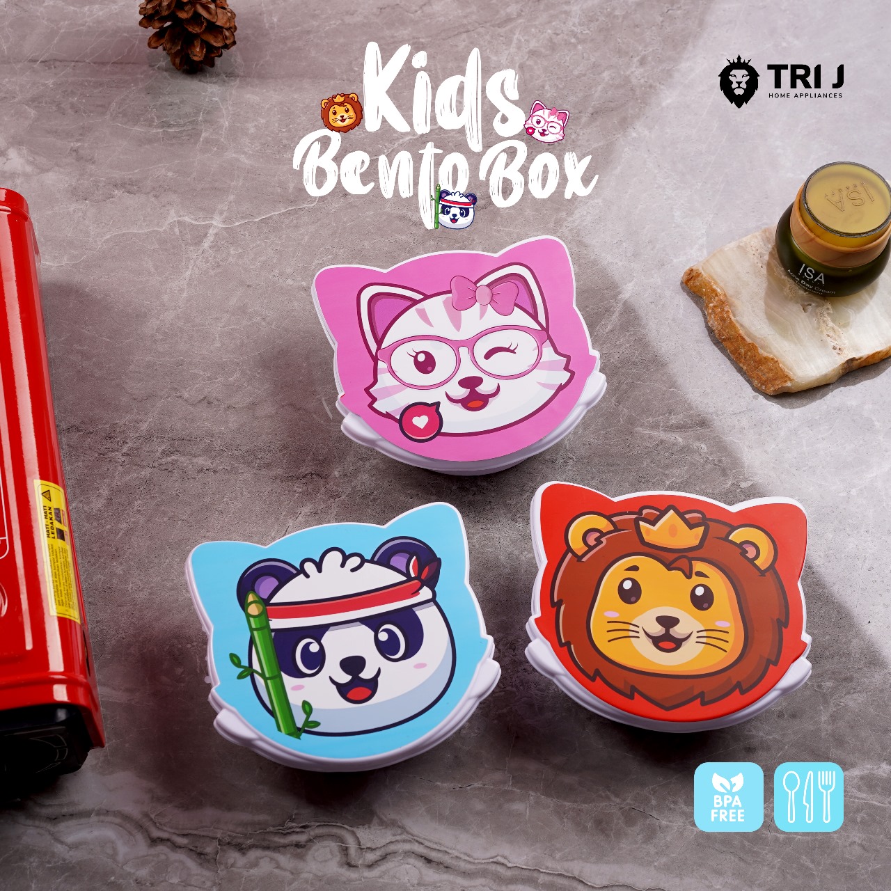 TRI J - Kids Bento Box - PINK CAT (Kotak Bekal Anak Motif Lucu)