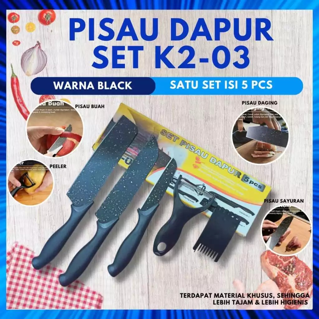 Pisau Set Hitam 5in1 (3 Pisau + Peeler + Serrated Cutter)
