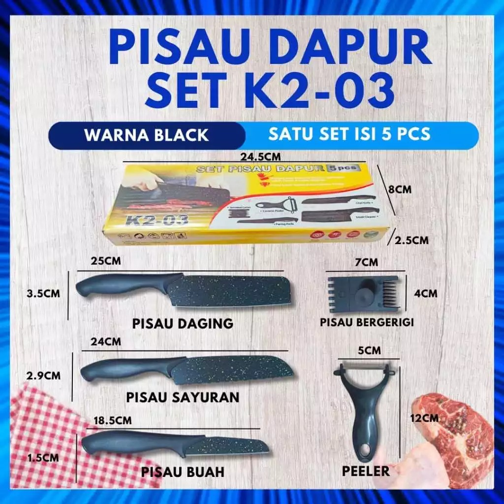 Pisau Set Hitam 5in1 (3 Pisau + Peeler + Serrated Cutter)