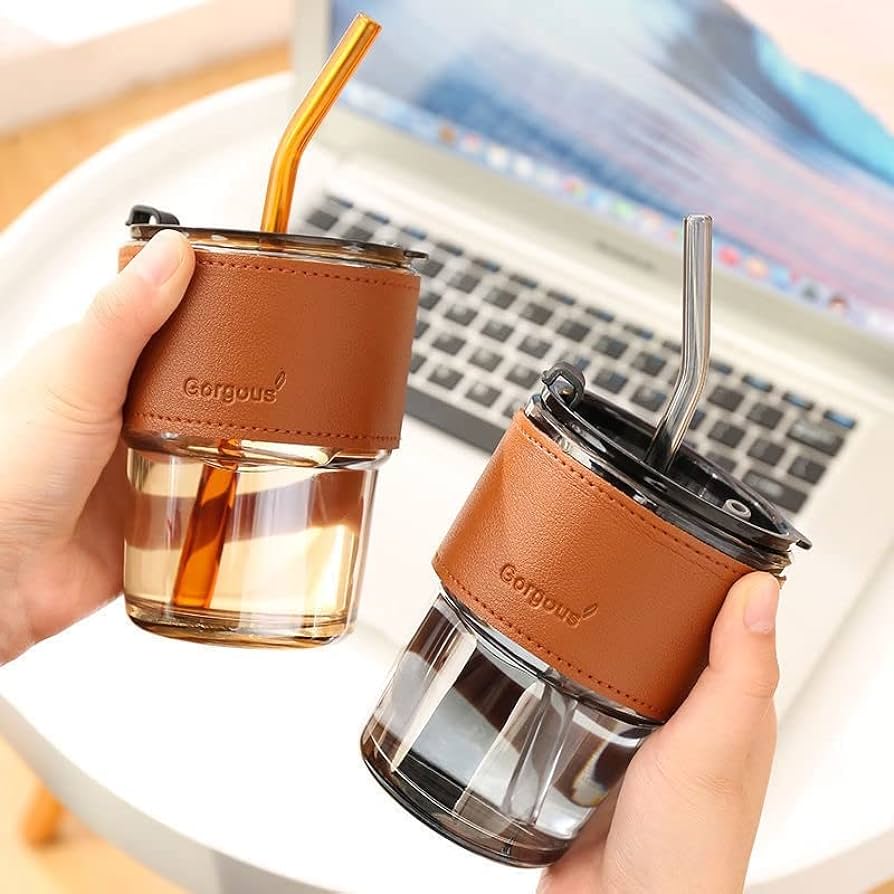 Tumbler Cup Coffee + Sedotan + Holder Kulit 400ml (HA1577)