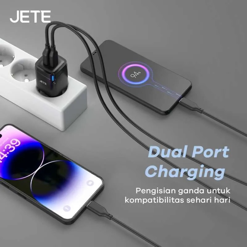 JETE Charger E31 Adaptor USB-C & USB-A + Kabel Type C to Type C (20W)