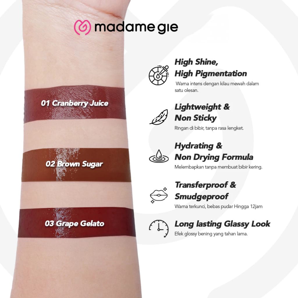 Madame Gie Look Glassy Lip Glaze 1.5ml - 01 Cranberry Juice