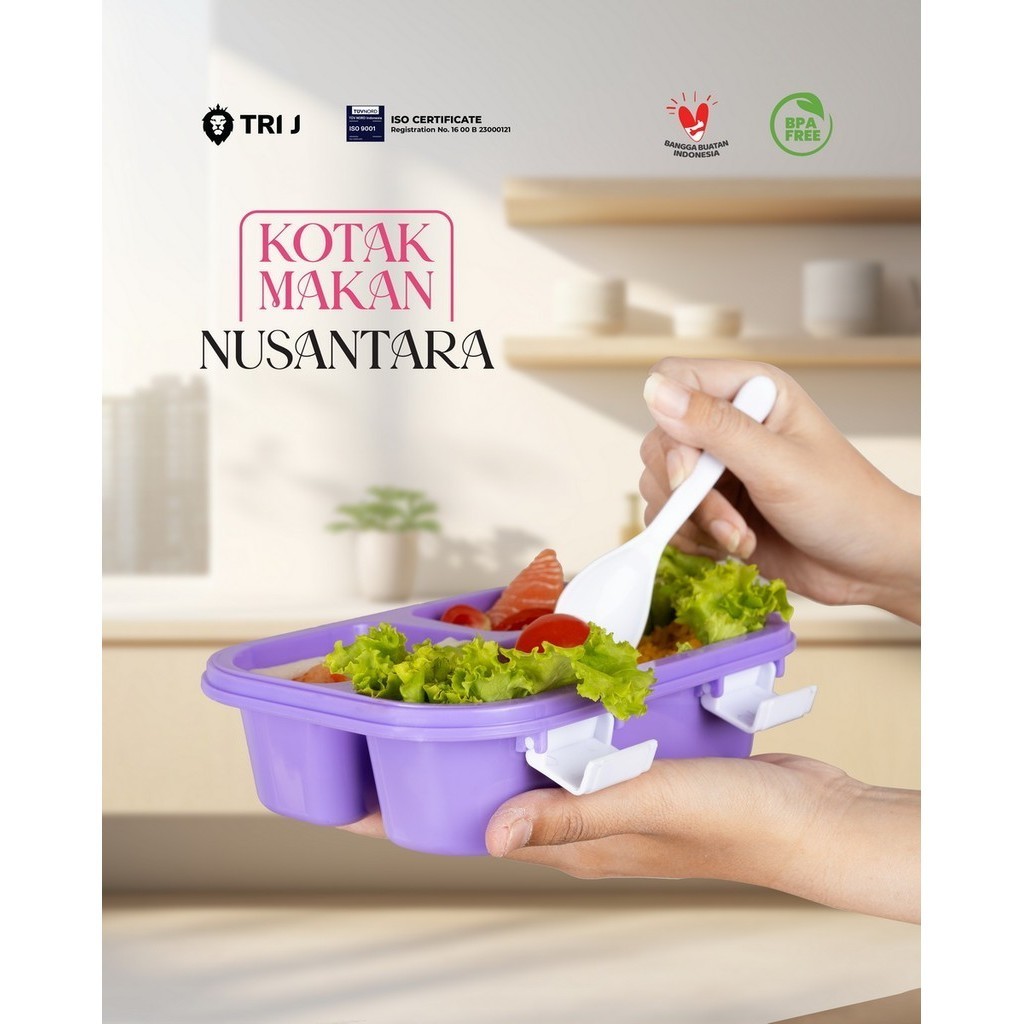 TRI J - Lunch Box Nusantara - UNGU (Kotak Makan Bento 3 Sekat + Sendok)