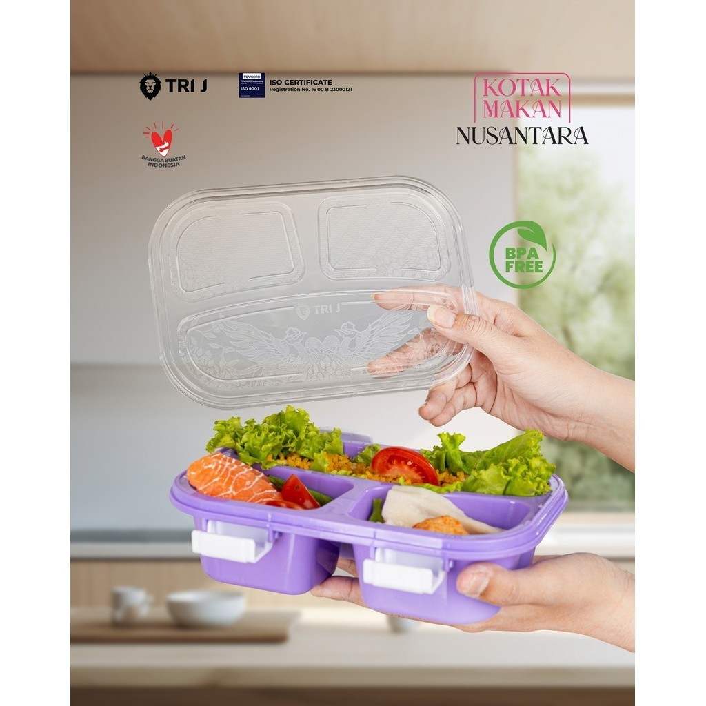 TRI J - Lunch Box Nusantara - UNGU (Kotak Makan Bento 3 Sekat + Sendok)