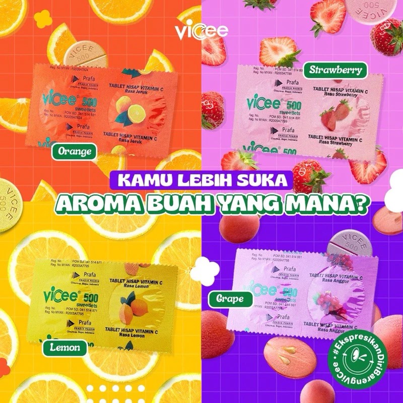 Vicee 500 Sweetlets Tablet Hisap Vitamin C (1 Strip 2 Tablet) - Rasa Strawberry