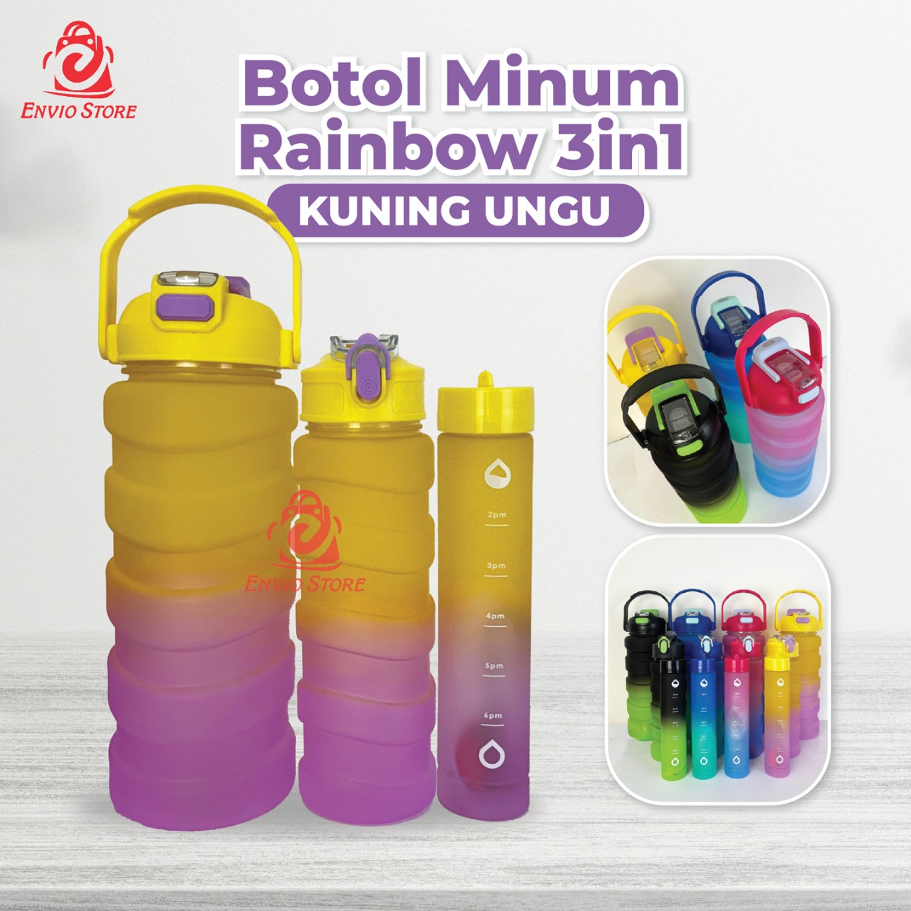 Botol Minum Rainbow 3in1 - Botol Isi 3 (Free Sedotan) (HX3138) - KUNING UNGU