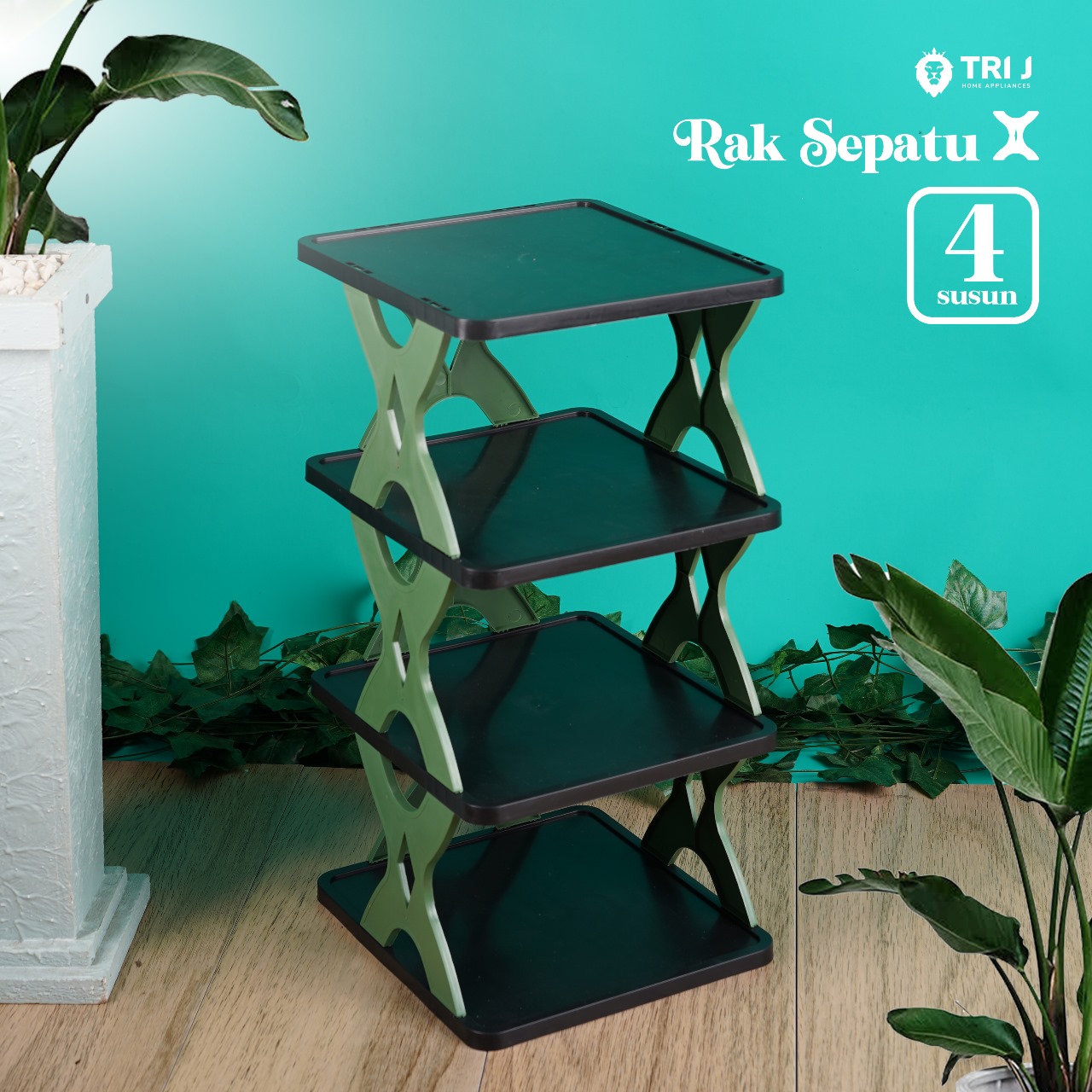 TRI J - Rak Sepatu X 4 Susun Plastik - HIJAU OLIVE (Rak Portable Sepatu 4 Tingkat)