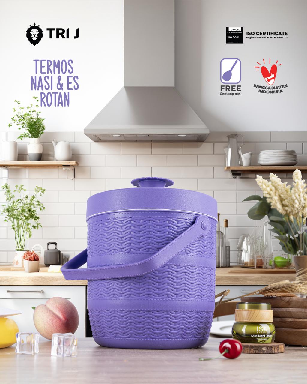 TRI J - Mini Rice Bucket Motif Rotan - PINK (Termos Nasi & Es) 3,5L (Kode 6.5)