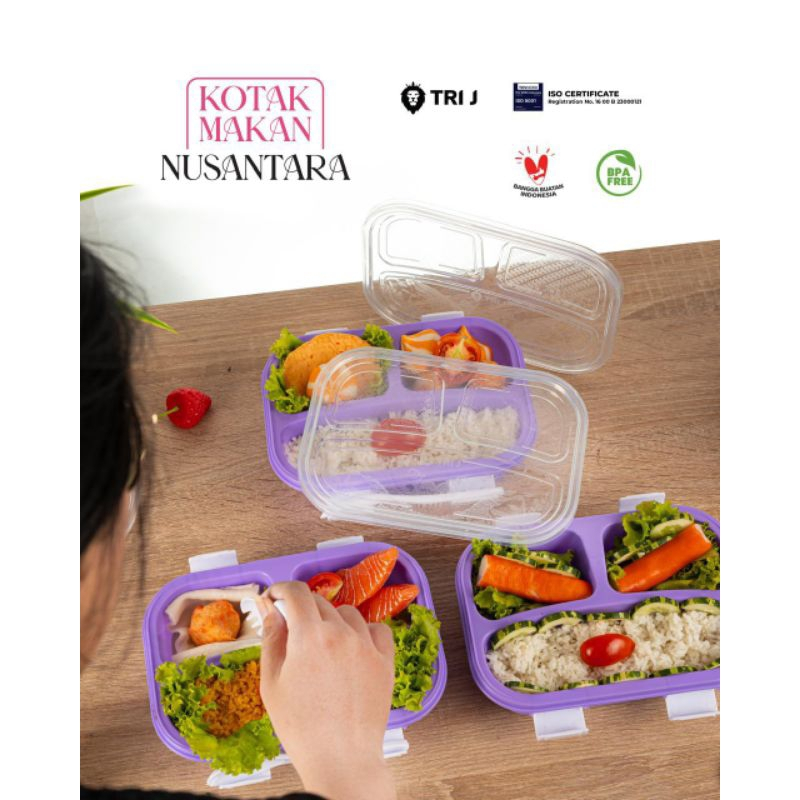 TRI J - Lunch Box Nusantara - PINK (Kotak Makan Bento 3 Sekat + Sendok)
