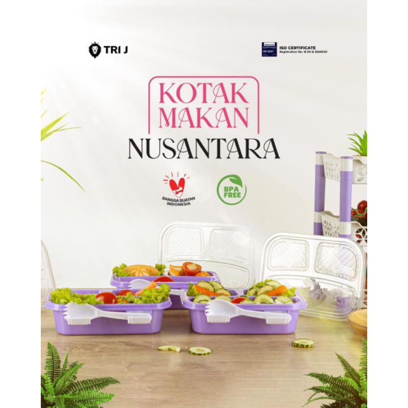 TRI J - Lunch Box Nusantara - PINK (Kotak Makan Bento 3 Sekat + Sendok)