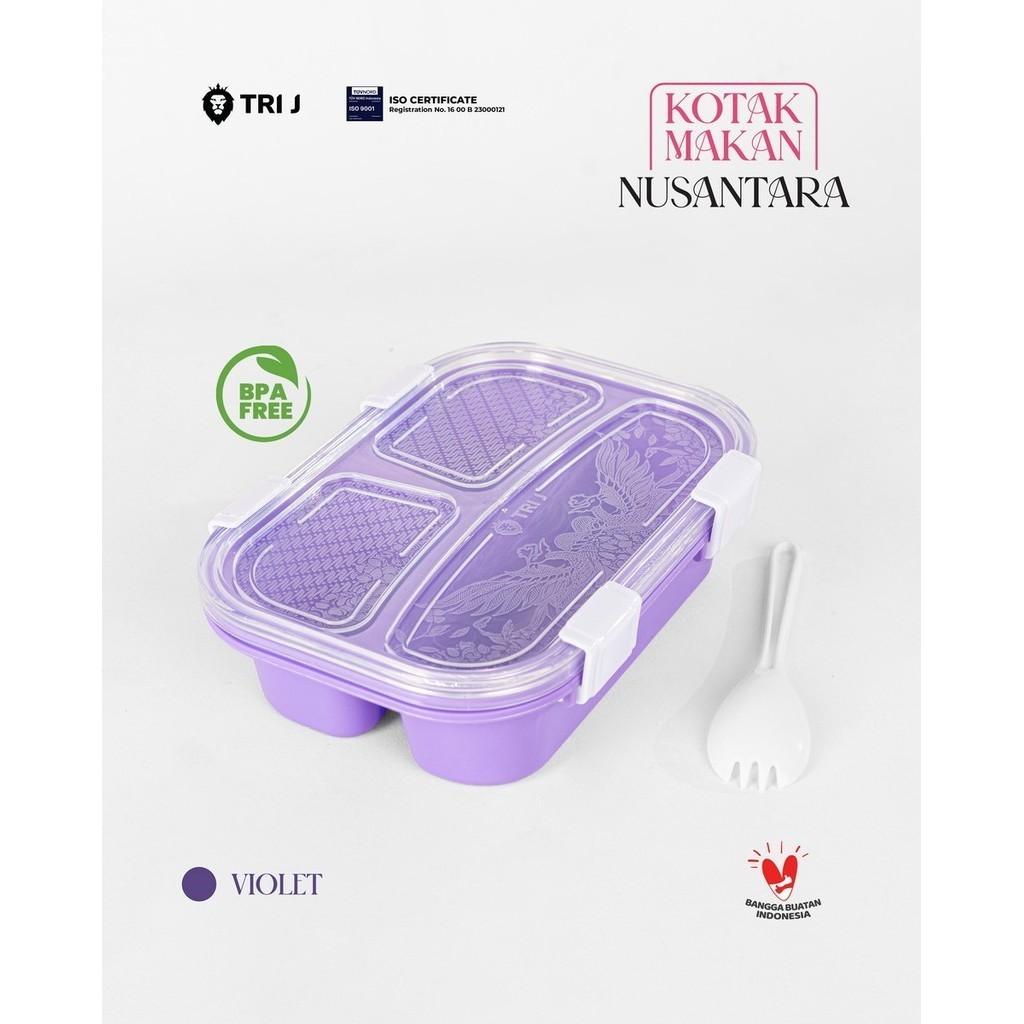TRI J - Lunch Box Nusantara - PINK (Kotak Makan Bento 3 Sekat + Sendok)