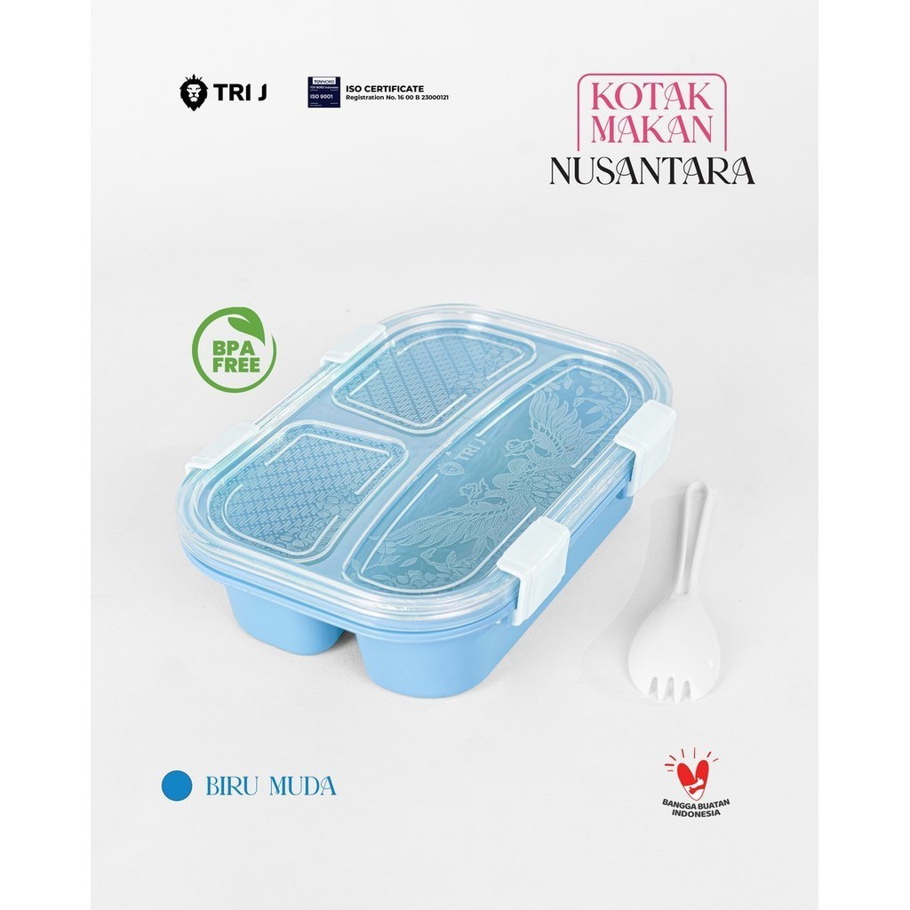 TRI J - Lunch Box Nusantara - BIRU (Kotak Makan Bento 3 Sekat + Sendok)
