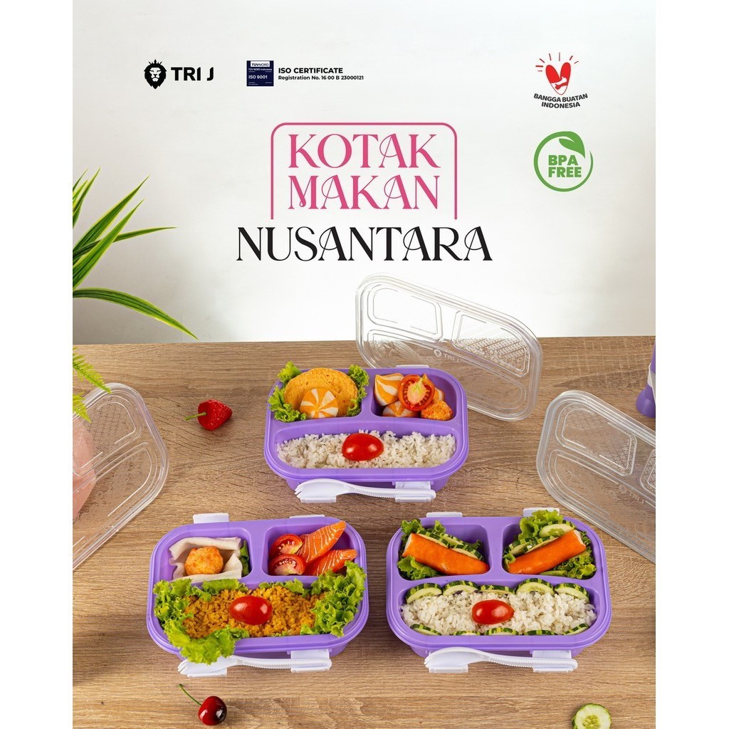TRI J - Lunch Box Nusantara - BIRU (Kotak Makan Bento 3 Sekat + Sendok)