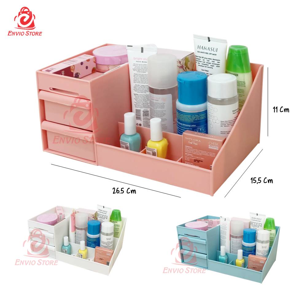 TRI J - Rak Kosmetik Plastik + 2 Laci Mini - PINK (Makeup Storage)