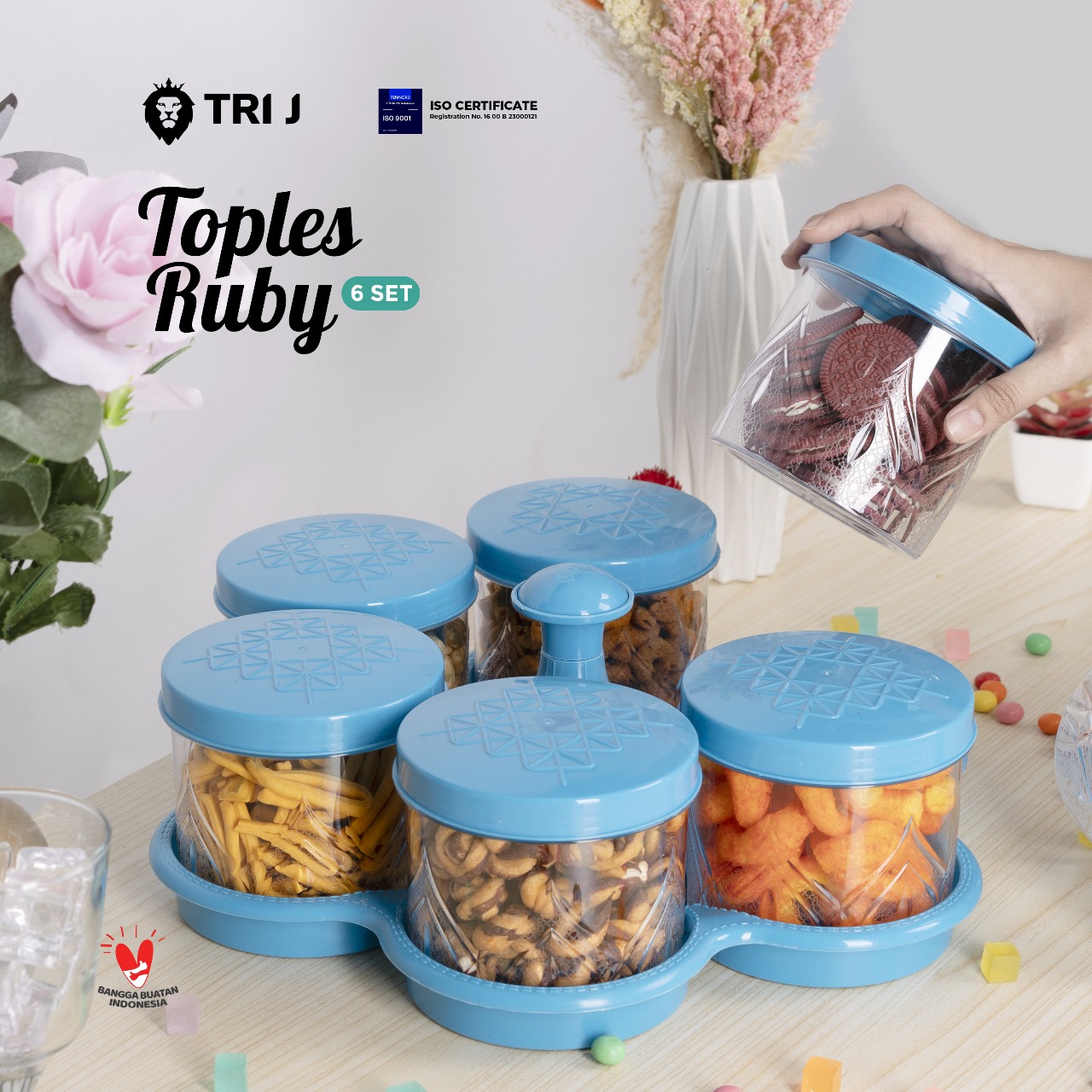 TRI J - Toples Kristal 6 Set + Nampan - BIRU (Toples Snack Lebaran)