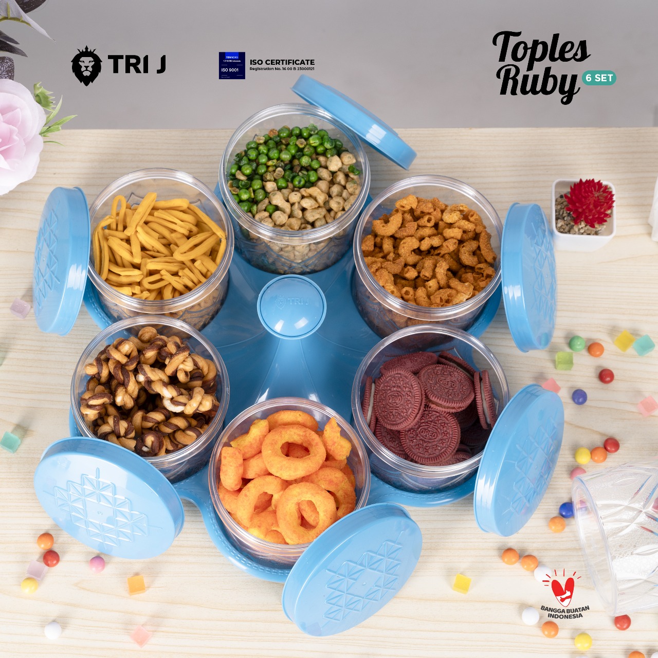 TRI J - Toples Kristal 6 Set + Nampan - UNGU (Toples Snack Lebaran)