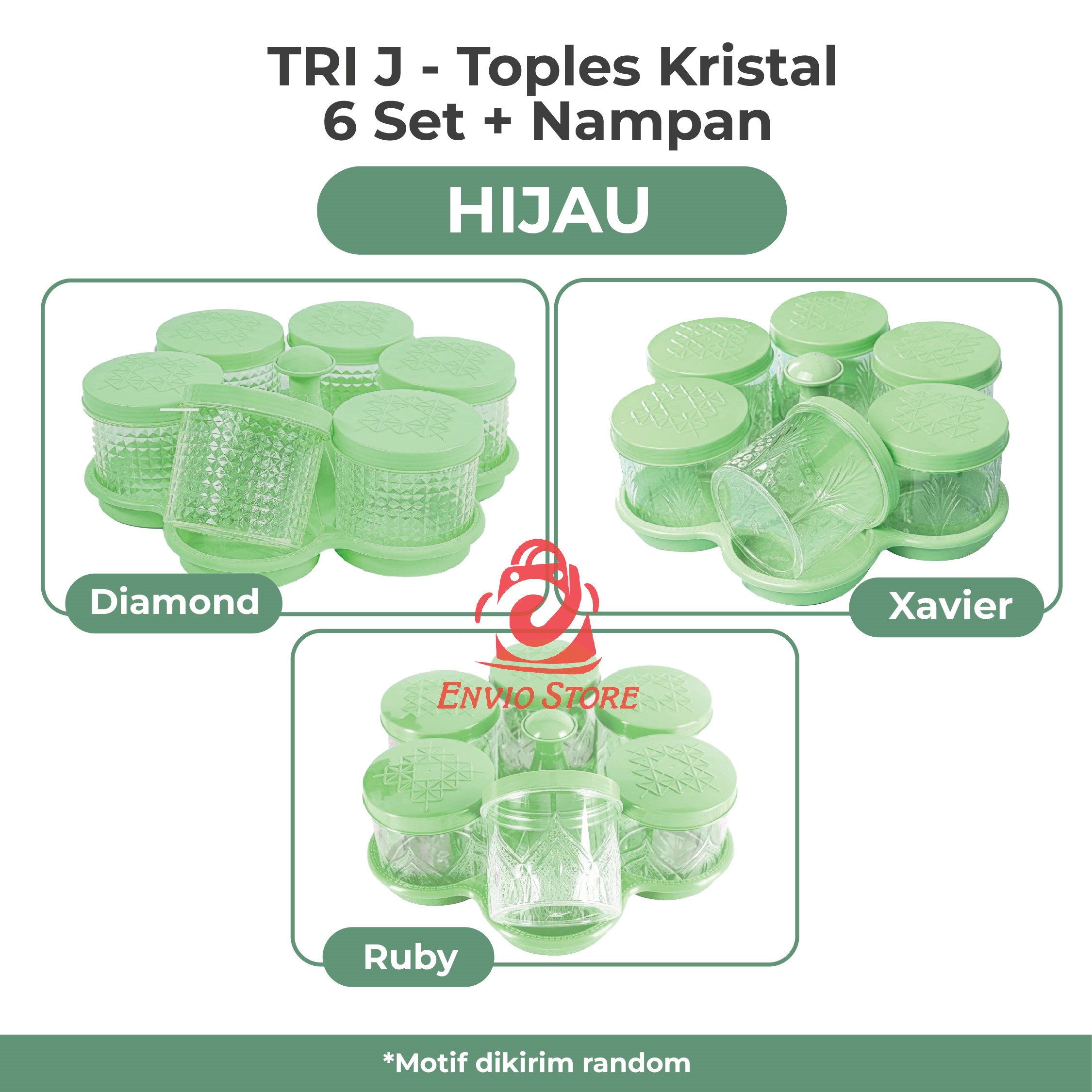 TRI J - Toples Kristal 6 Set + Nampan - HIJAU (Toples Snack Lebaran)