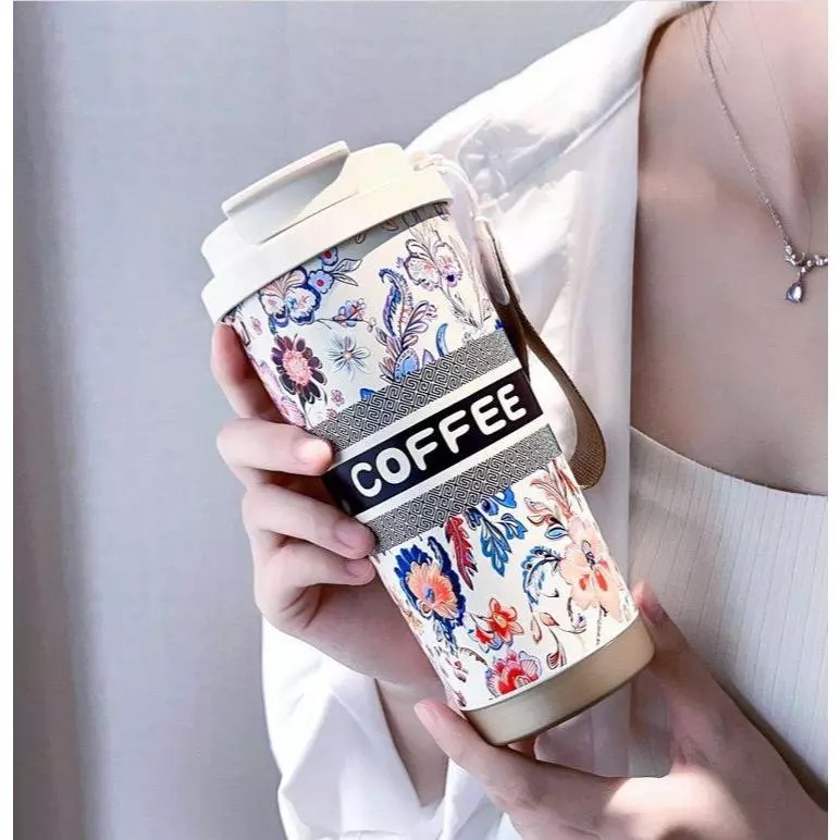 Botol Tumblr Coffee Stainless MOTIF 530ml - PINK (Free Tali Strap + Sedotan) (ST8193)