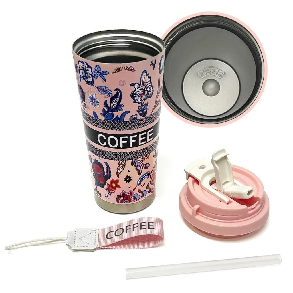 Botol Tumblr Coffee Stainless MOTIF 530ml - PINK (Free Tali Strap + Sedotan) (ST8193)