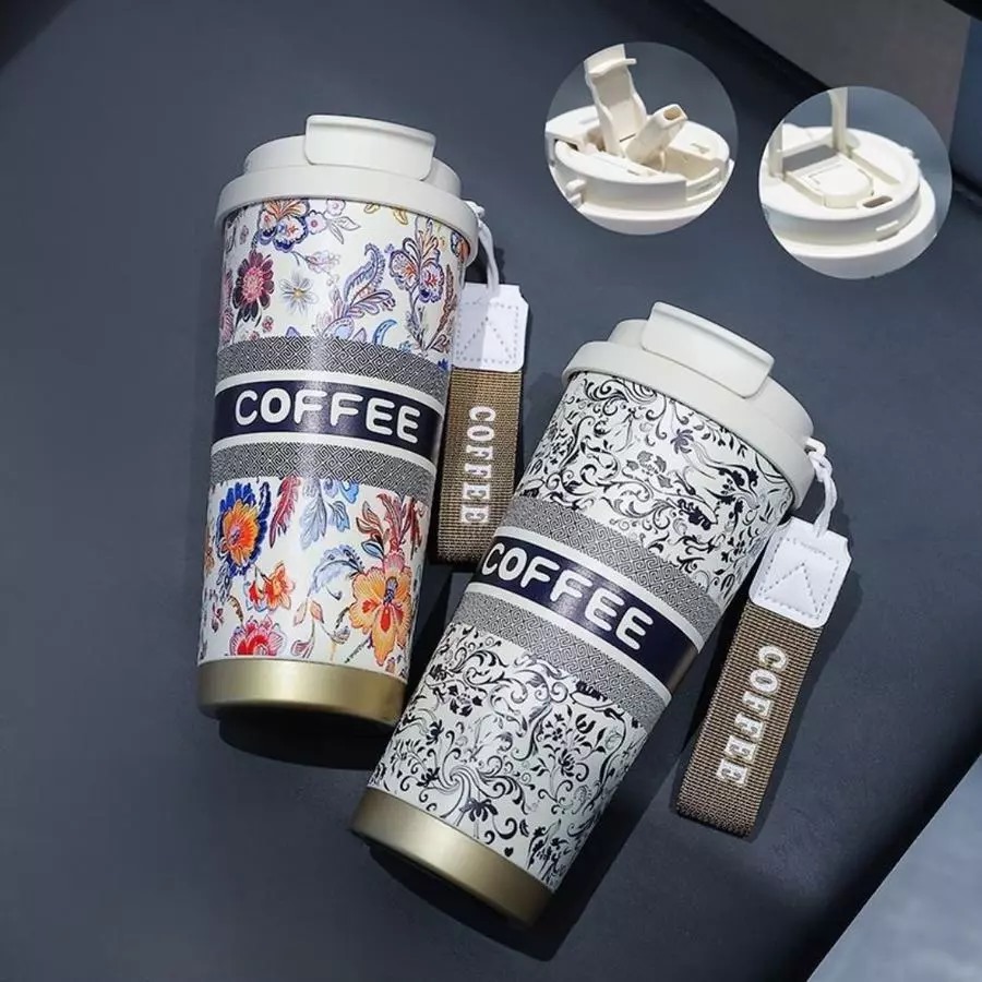 Botol Tumblr Coffee Stainless MOTIF 530ml - MERAH (Free Tali Strap + Sedotan) (ST8193)