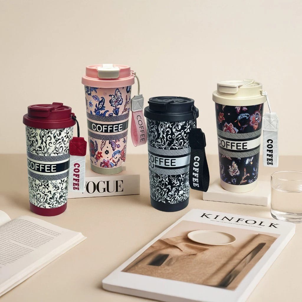Botol Tumblr Coffee Stainless MOTIF 530ml - HITAM (Free Tali Strap + Sedotan) (ST8193)