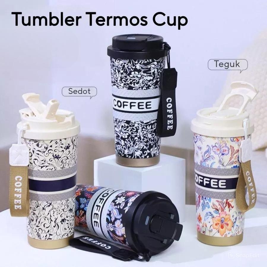 Botol Tumblr Coffee Stainless MOTIF 530ml - HITAM (Free Tali Strap + Sedotan) (ST8193)