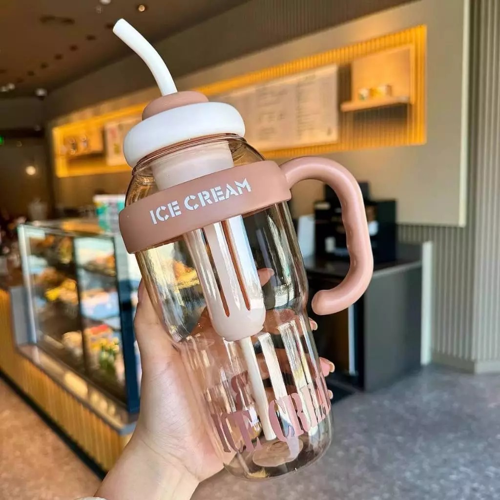 Botol Minum Air Jumbo Ice Cream 1400ml - COKLAT (Tumblr Free Sedotan Aesthetic)