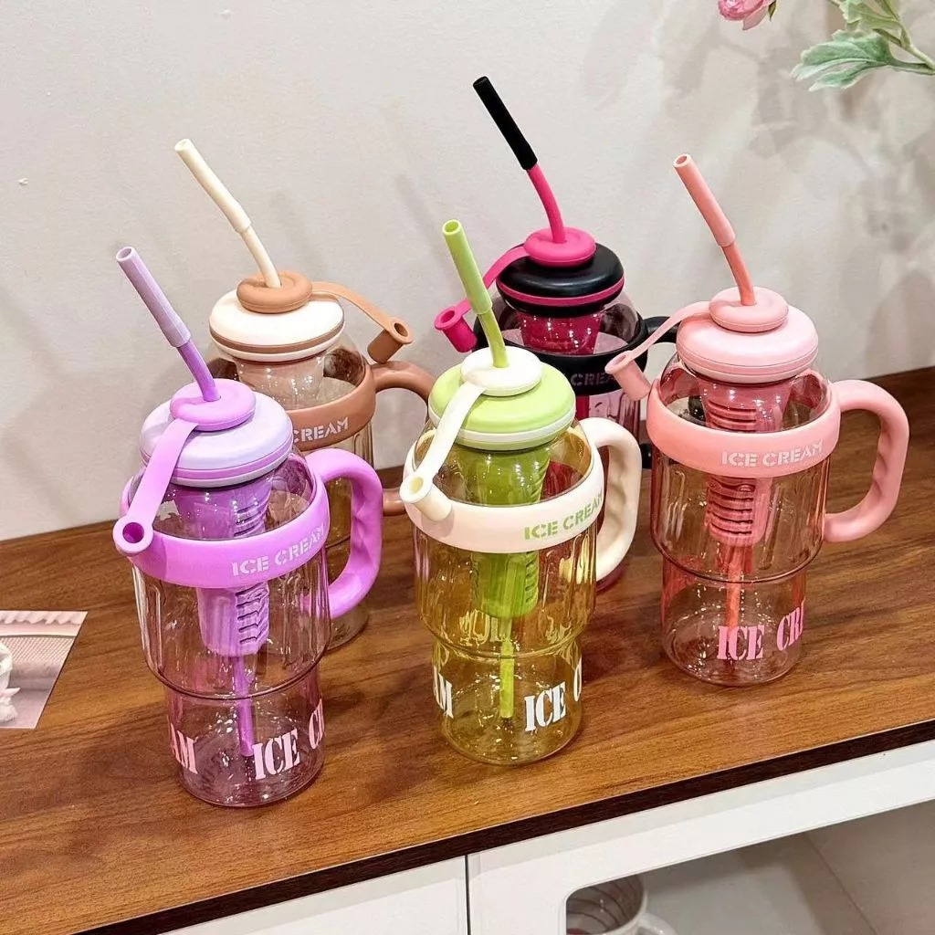 Botol Minum Air Jumbo Ice Cream 1400ml - COKLAT (Tumblr Free Sedotan Aesthetic)