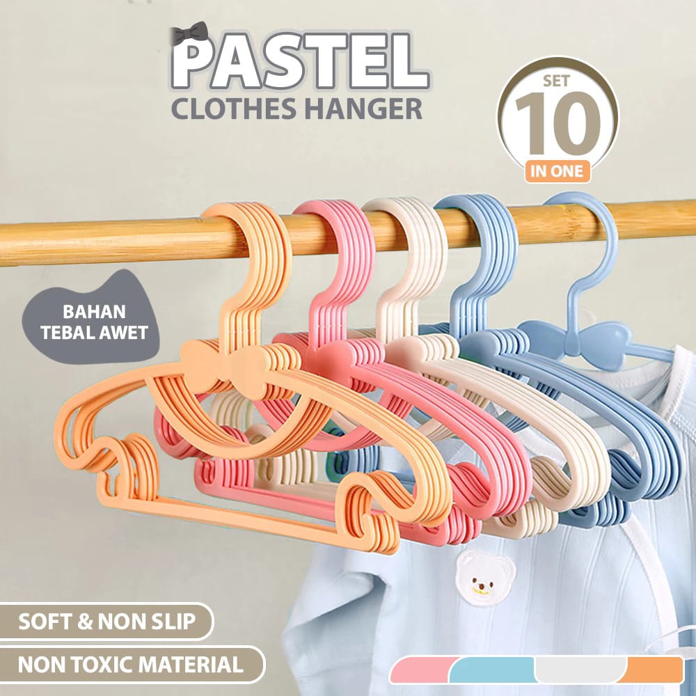 (SET 10pcs) Gantungan Baju Anak - PUTIH (Kids Clothes Hanger Multifungsi Warna Pastel)