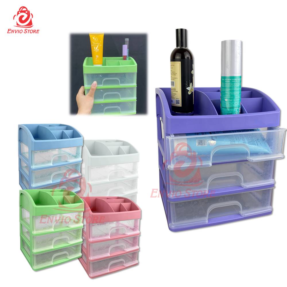 TRI J - (3 Susun) Laci Kosmetik Plastik - PINK (Rak Kosmetik Makeup Organizer)